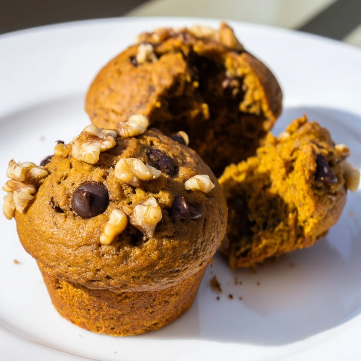 Warm pumpkin banana muffins split open revealing fluffy texture and optional chocolate chip chunks