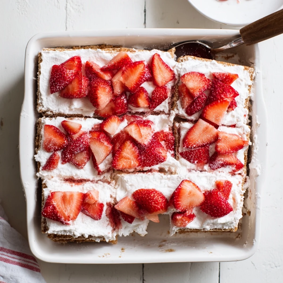 No bake strawberry shortcake dessert layered with whipped cream cheese and fresh macerated strawberries in a glass serving dish