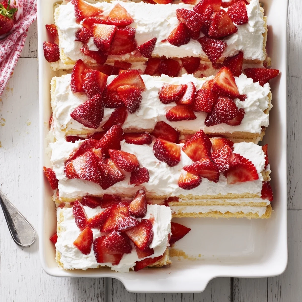 Chilled no bake strawberry shortcake dessert showcasing golden cookie layers topped with juicy red strawberries and fluffy cream