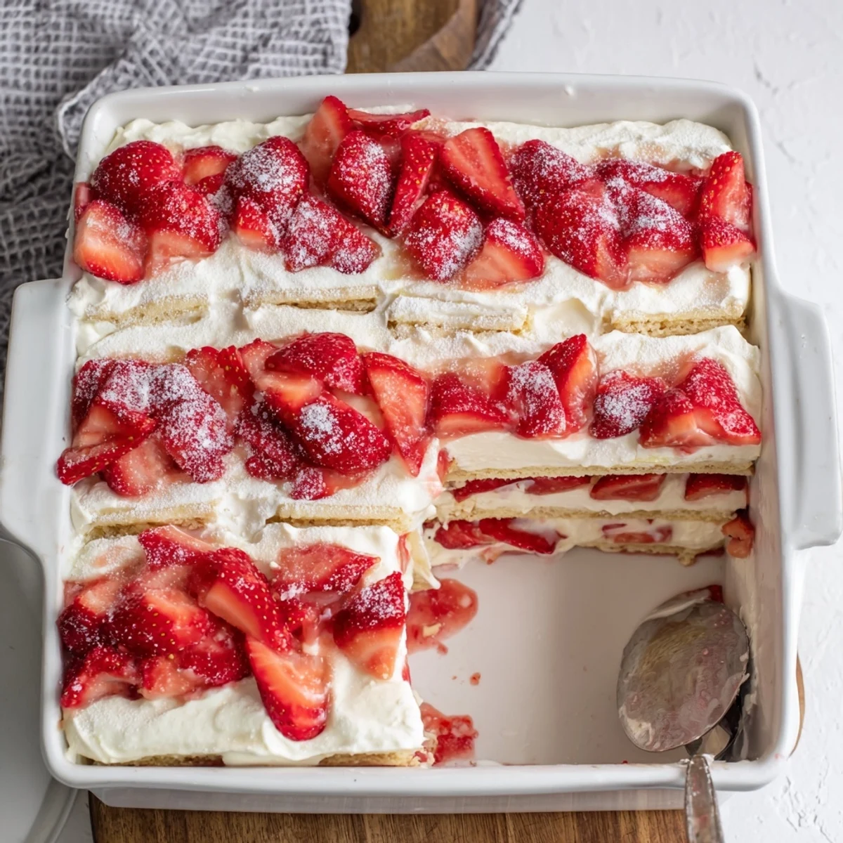 Luscious no bake strawberry shortcake square featuring tender shortbread cookies with sweet strawberries and creamy white whipped topping