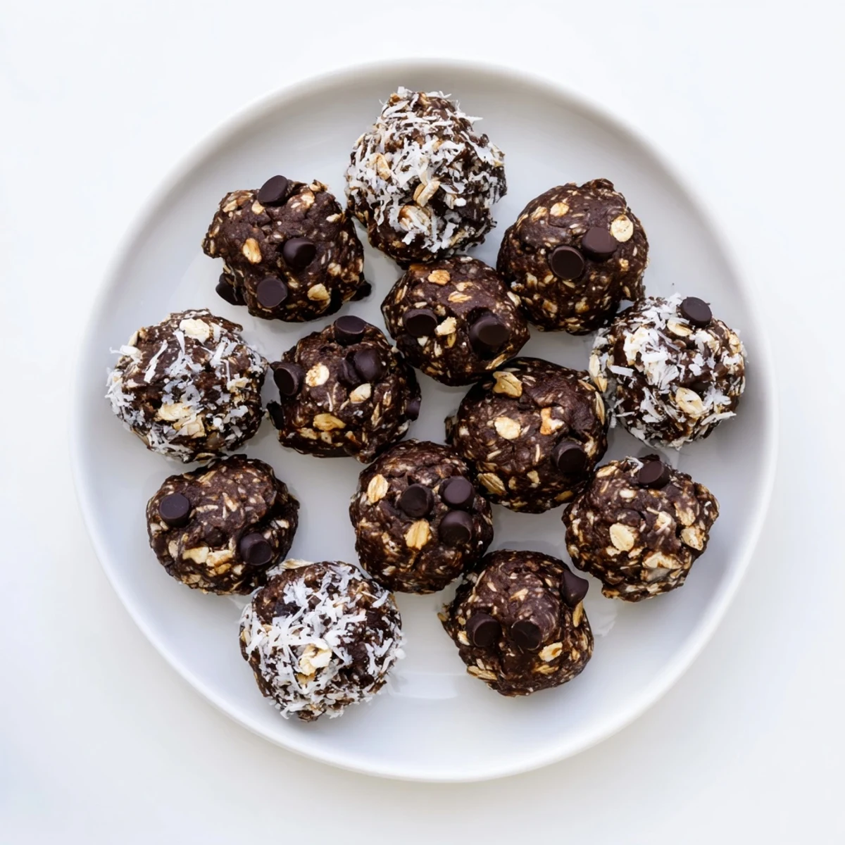 Glossy no bake brownie bites topped with shredded coconut and chopped walnuts