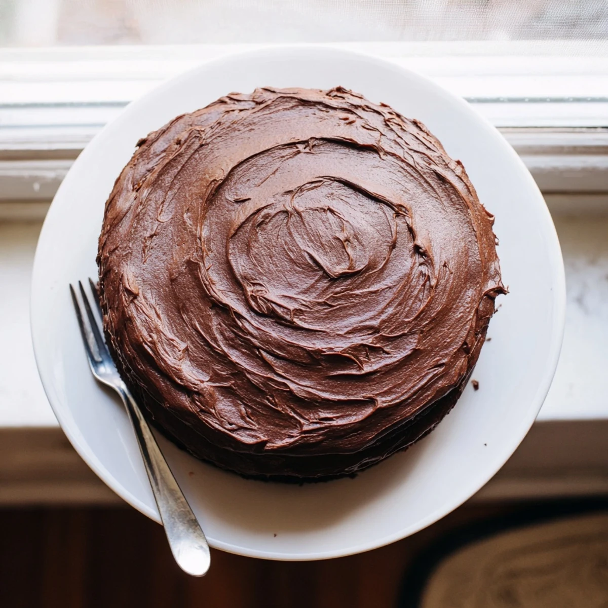 Moist Matilda chocolate cake with thick creamy frosting swirled on top