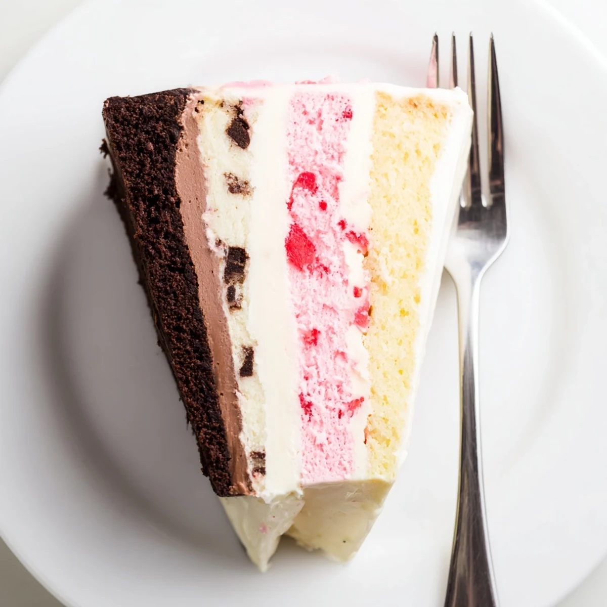Slice of Neapolitan cake revealing three colorful horizontal layers of chocolate strawberry and vanilla cake stacked with creamy white buttercream frosting