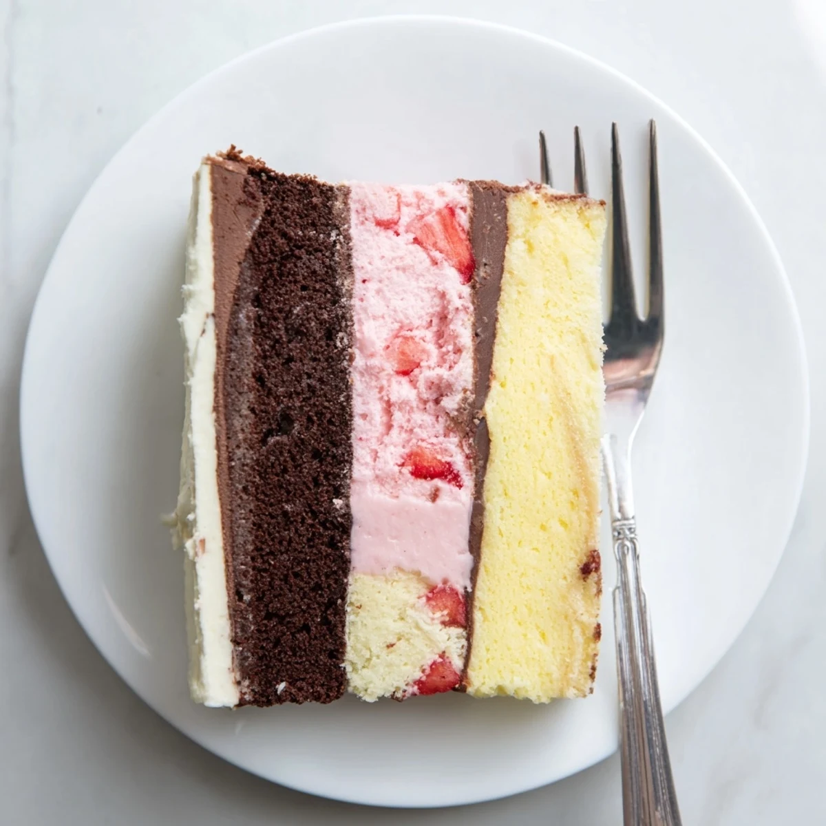 Homemade Neapolitan cake with vibrant pink white and brown layers topped with smooth buttercream and fresh strawberry garnish on white plate