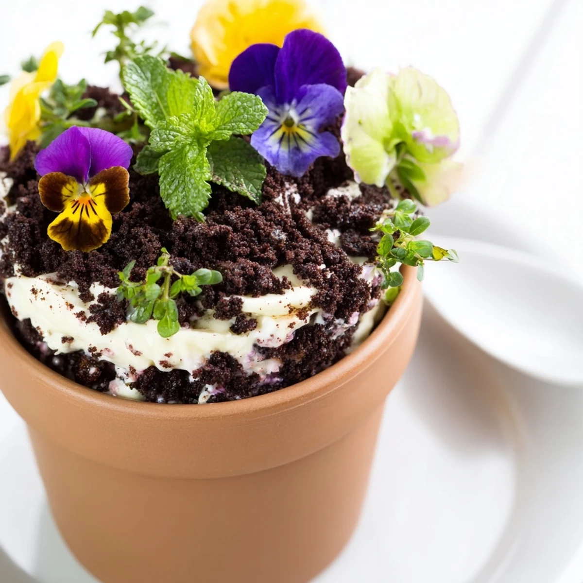 Whimsical edible potted floral garden dessert featuring layered chocolate cake with creamy vanilla filling and chocolate cookie soil topping