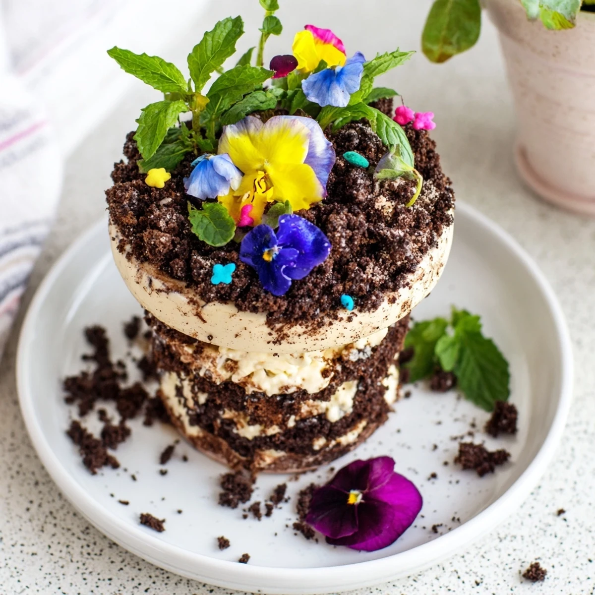 Chocolate edible potted floral garden dessert arranged in flower pots with creamy filling chocolate soil and fresh pansy garnish