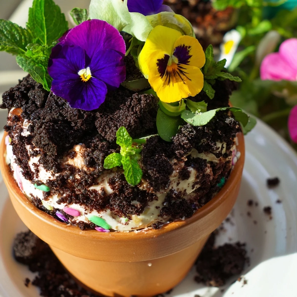 Beautiful edible potted floral garden dessert showcasing chocolate cake layers topped with crushed cookies and colorful fresh edible flowers