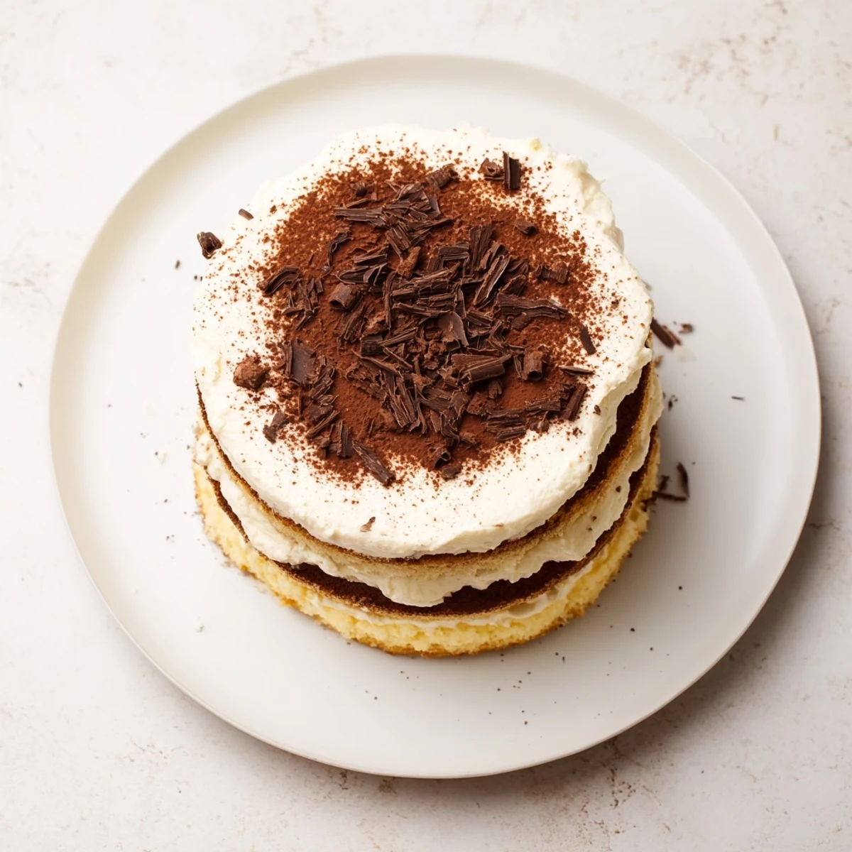 Tiramisu cake slice dusted with cocoa powder on white serving plate