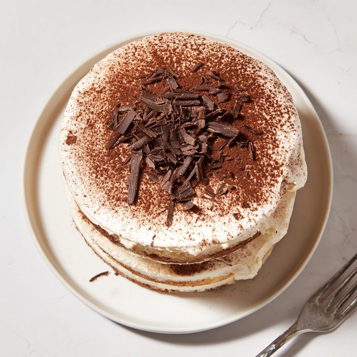 Slice of tiramisu cake showing layered sponge cake with creamy mascarpone filling