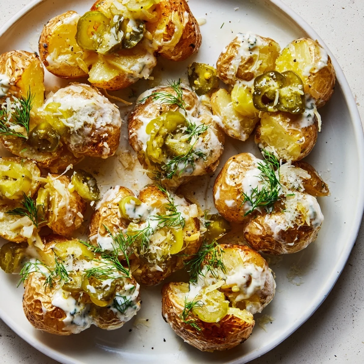 Golden crispy smashed potatoes drizzled with creamy ranch sauce and topped with fresh dill pickles