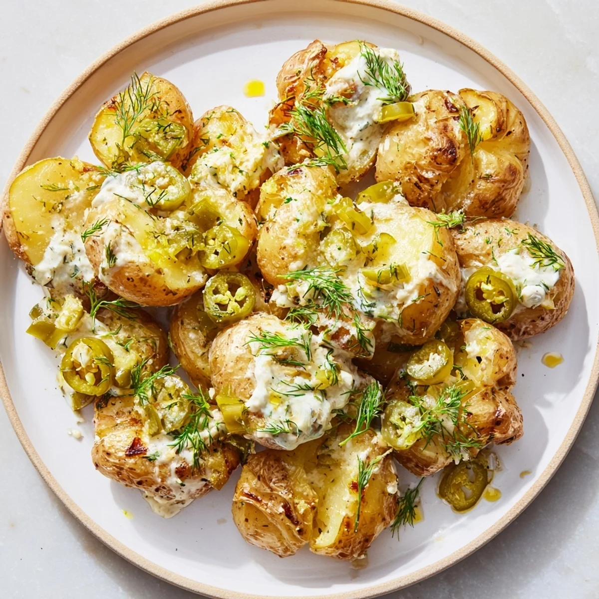 Crispy oven-baked baby potatoes topped with tangy dill pickles, herbs, and cool homemade ranch dressing