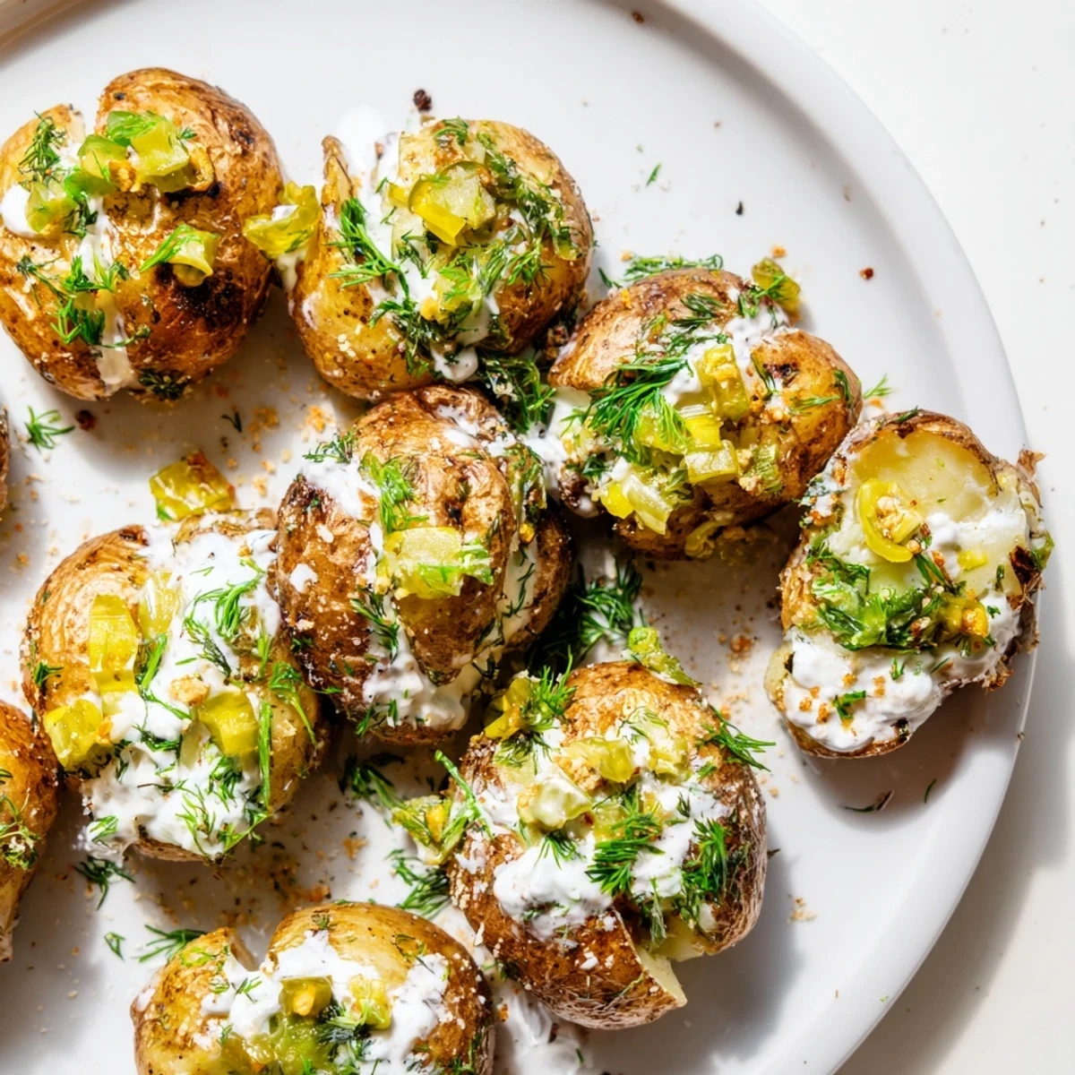 Golden smashed potato appetizers loaded with creamy ranch, crunchy dill pickle pieces, and fresh chives