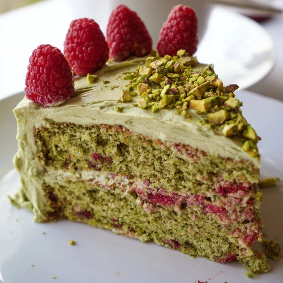 Moist pistachio raspberry cake slice topped with creamy green frosting and fresh red berries