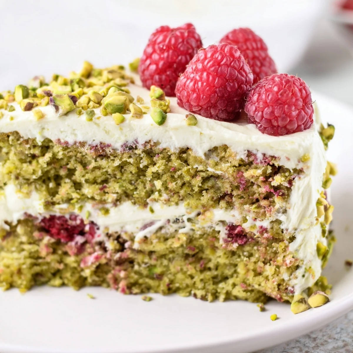 Homemade pistachio raspberry cake on a white plate with dollops of cream cheese frosting