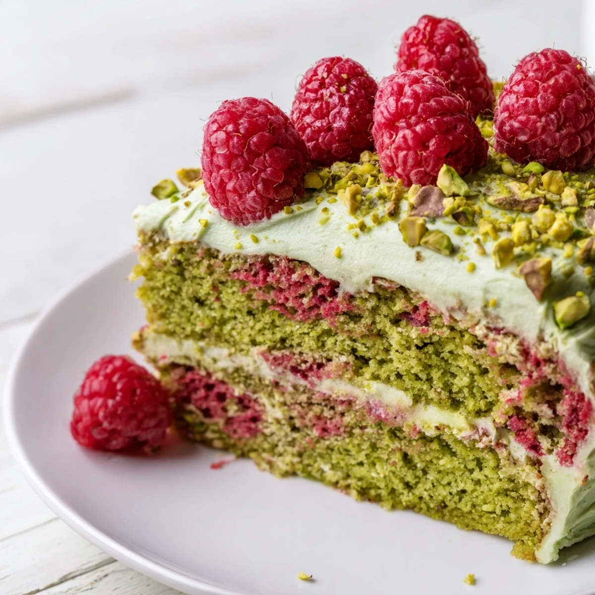 Decadent European pistachio raspberry cake dessert decorated with whole raspberries and chopped pistachios