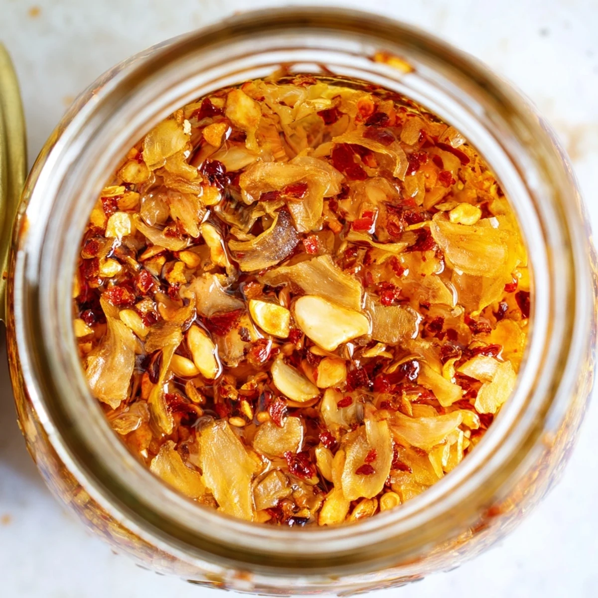 Spoonful of Trader Joe's Chili Onion Crunch condiment sprinkled over steaming white rice bowl