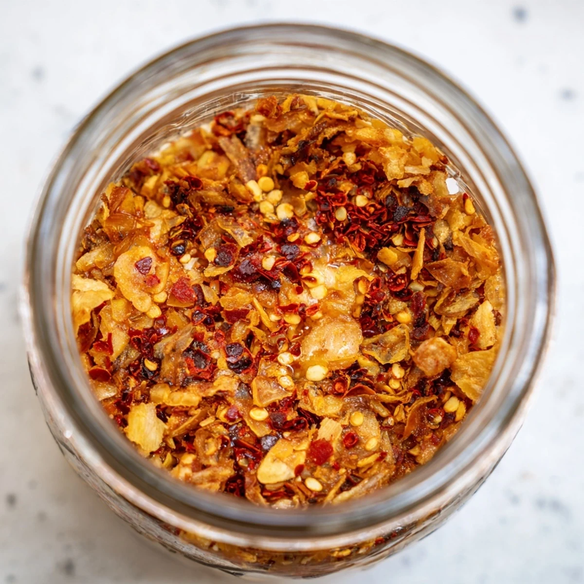 Glass jar filled with Trader Joe's Chili Onion Crunch featuring crispy golden shallots and red pepper flakes
