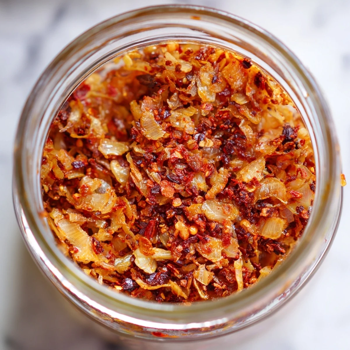 Trader Joe's Chili Onion Crunch sauce displayed in jar with vibrant red chili oil and crispy garlic