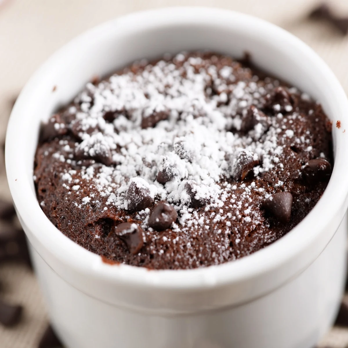 Mini chocolate cake dusted with powdered sugar and topped with fresh raspberries