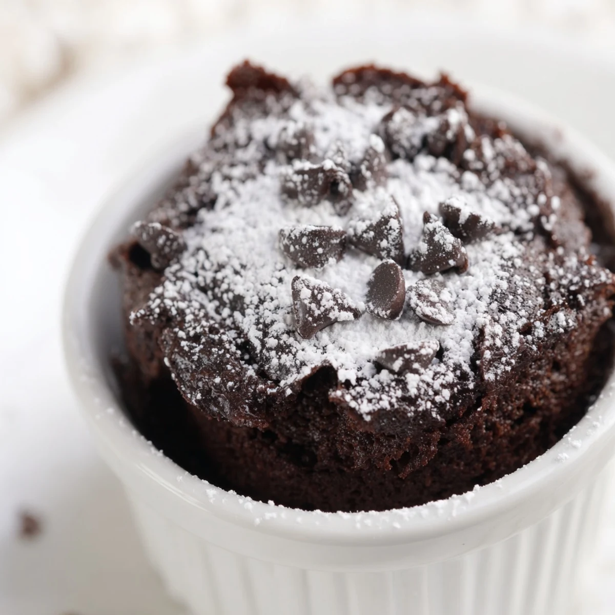Rich individual mini chocolate cake served warm with melting vanilla ice cream