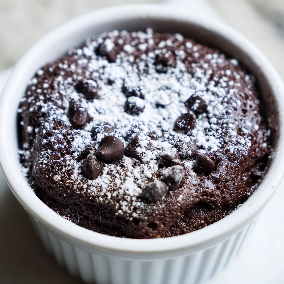 Decadent moist mini chocolate cake in ramekin with glossy chocolate ganache drizzle