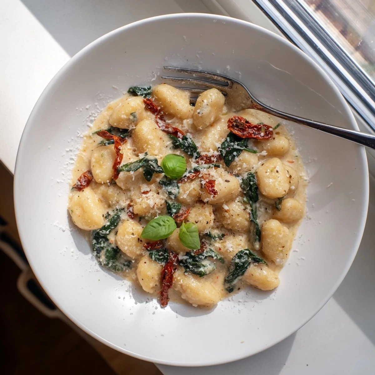 Creamy sun dried tomato gnocchi plated in a rich white sauce with fresh basil garnish