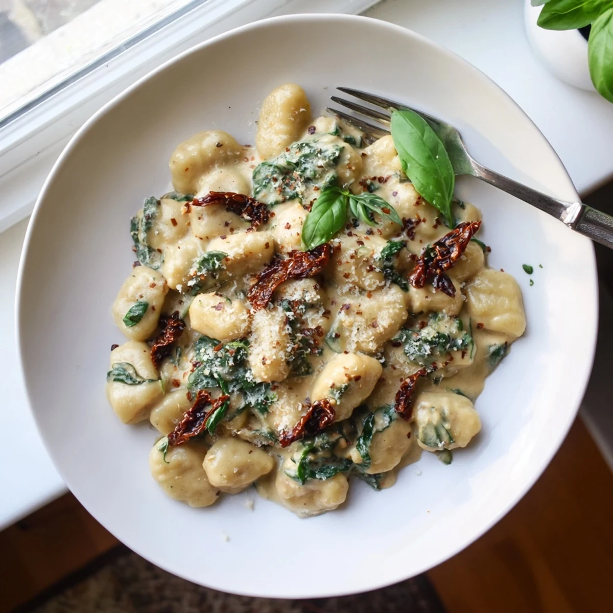 Steaming bowl of creamy sun dried tomato gnocchi sprinkled with grated parmesan cheese and red pepper flakes