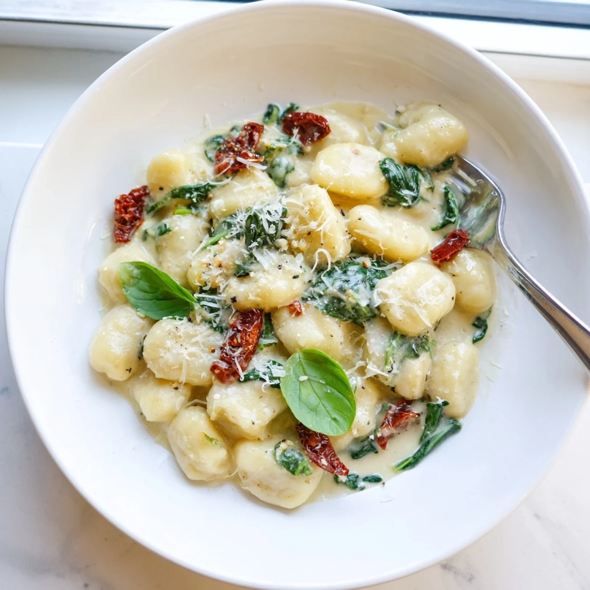 Tender potato gnocchi coated in a velvety cream sauce with chopped sun dried tomatoes and wilted spinach