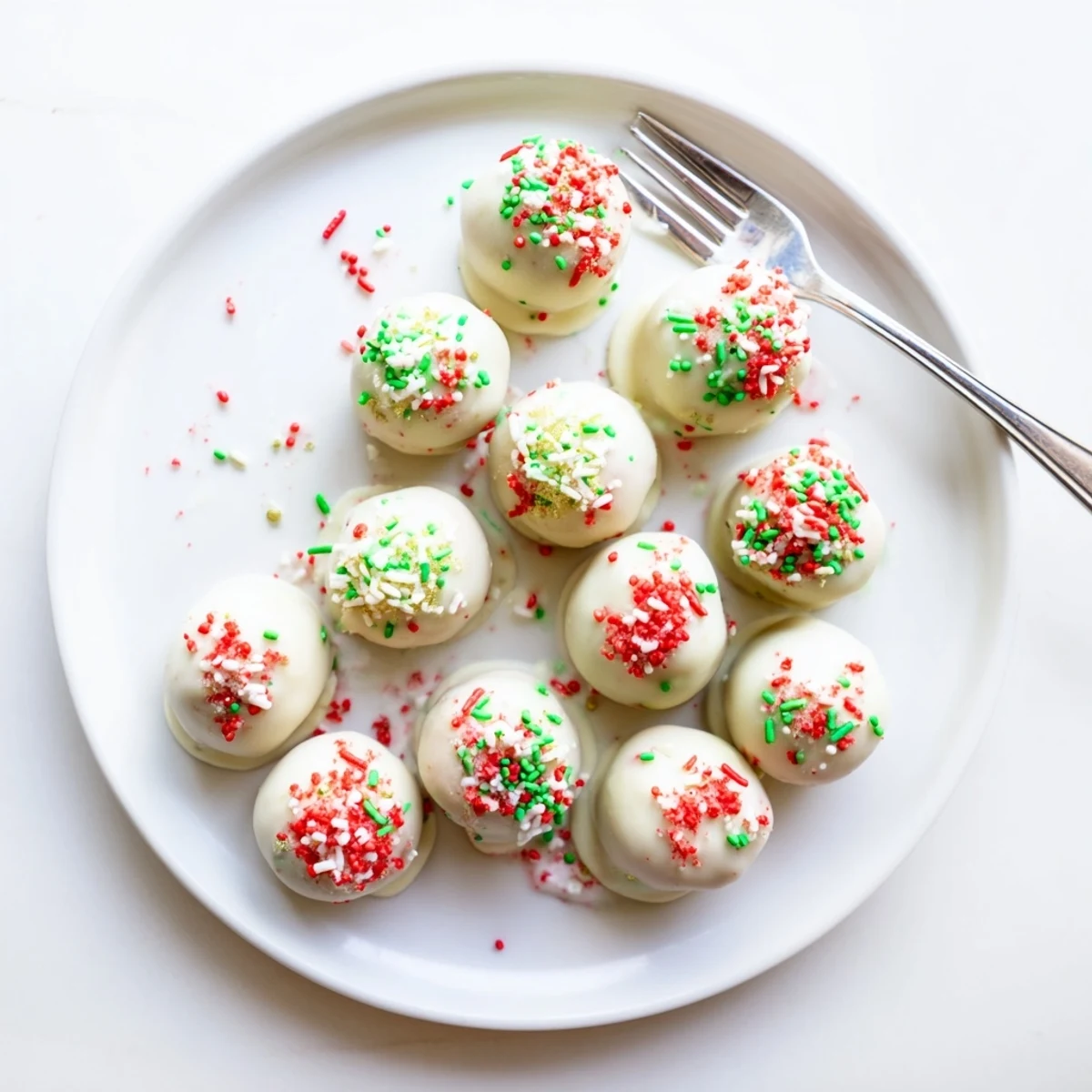 Golden Oreo truffles coated in smooth white chocolate topped with red and green festive sprinkles