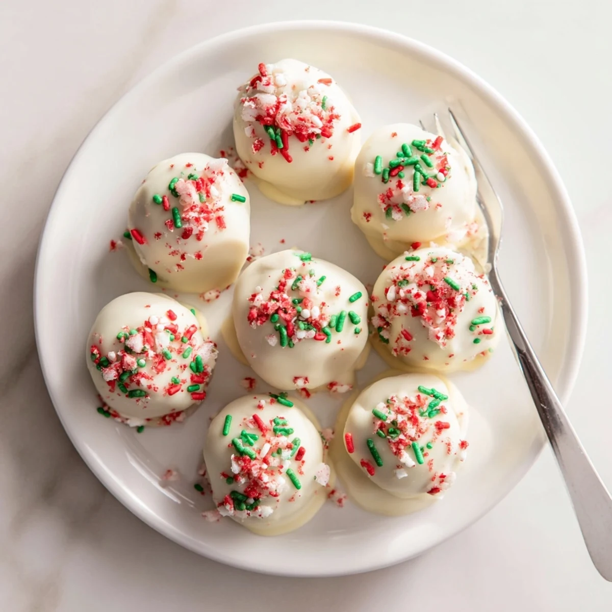 Holiday Golden Oreo truffles arranged on a white serving platter with crushed candy cane decorations