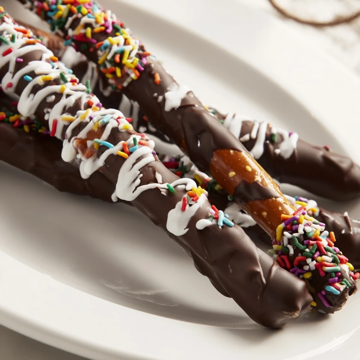 Festive chocolate pretzel trees decorated with colorful sprinkles and candy star toppers on parchment paper