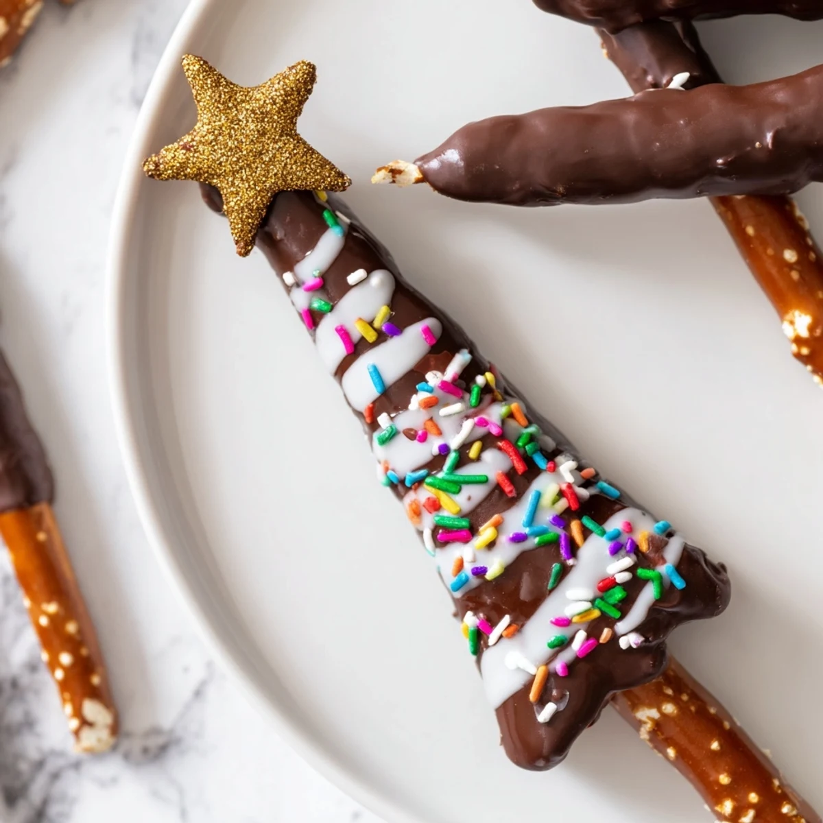 Salty pretzel rods dipped in melted semisweet chocolate and finished with white chocolate drizzle for holiday parties