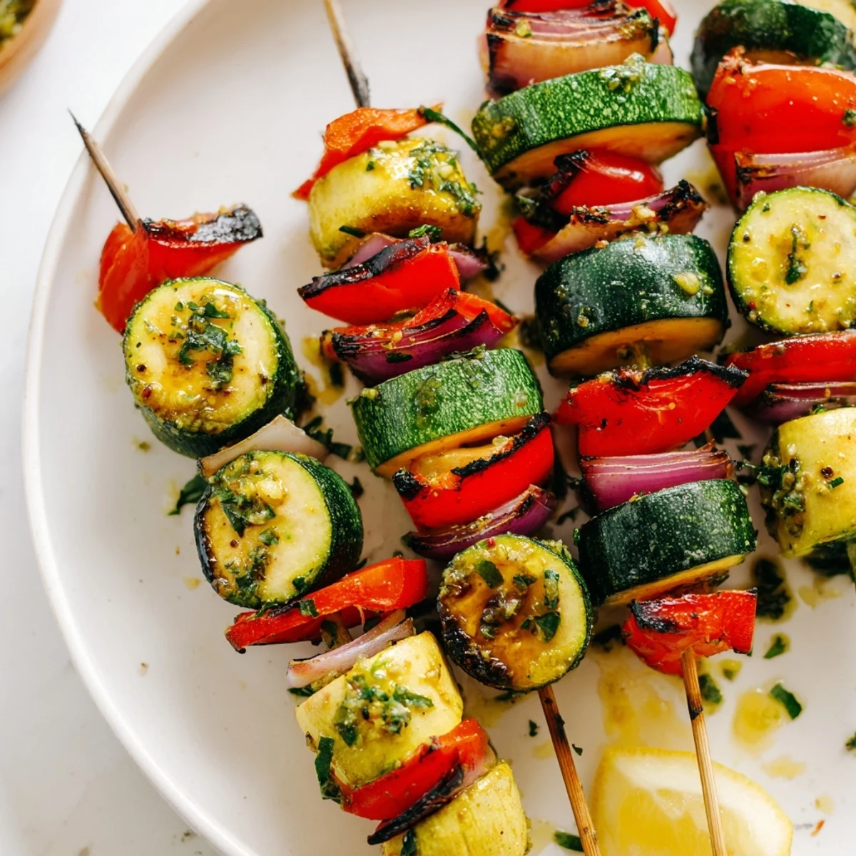 Garlic Butter Zucchini Skewers glistening with melted butter, charred edges, lemon wedges