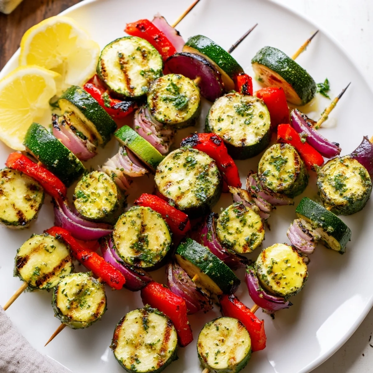 Grilled Garlic Butter Zucchini Skewers served warm on platter, fragrant parsley