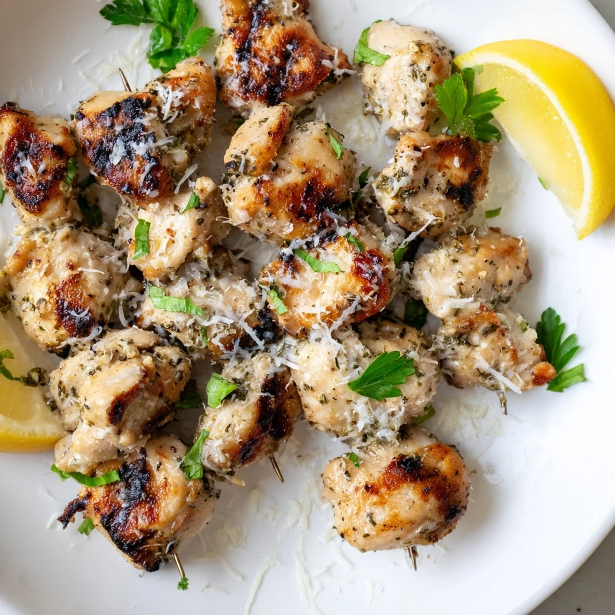 Plated Savory Garlic Parmesan Chicken Skewers garnished with parsley and extra Parmesan