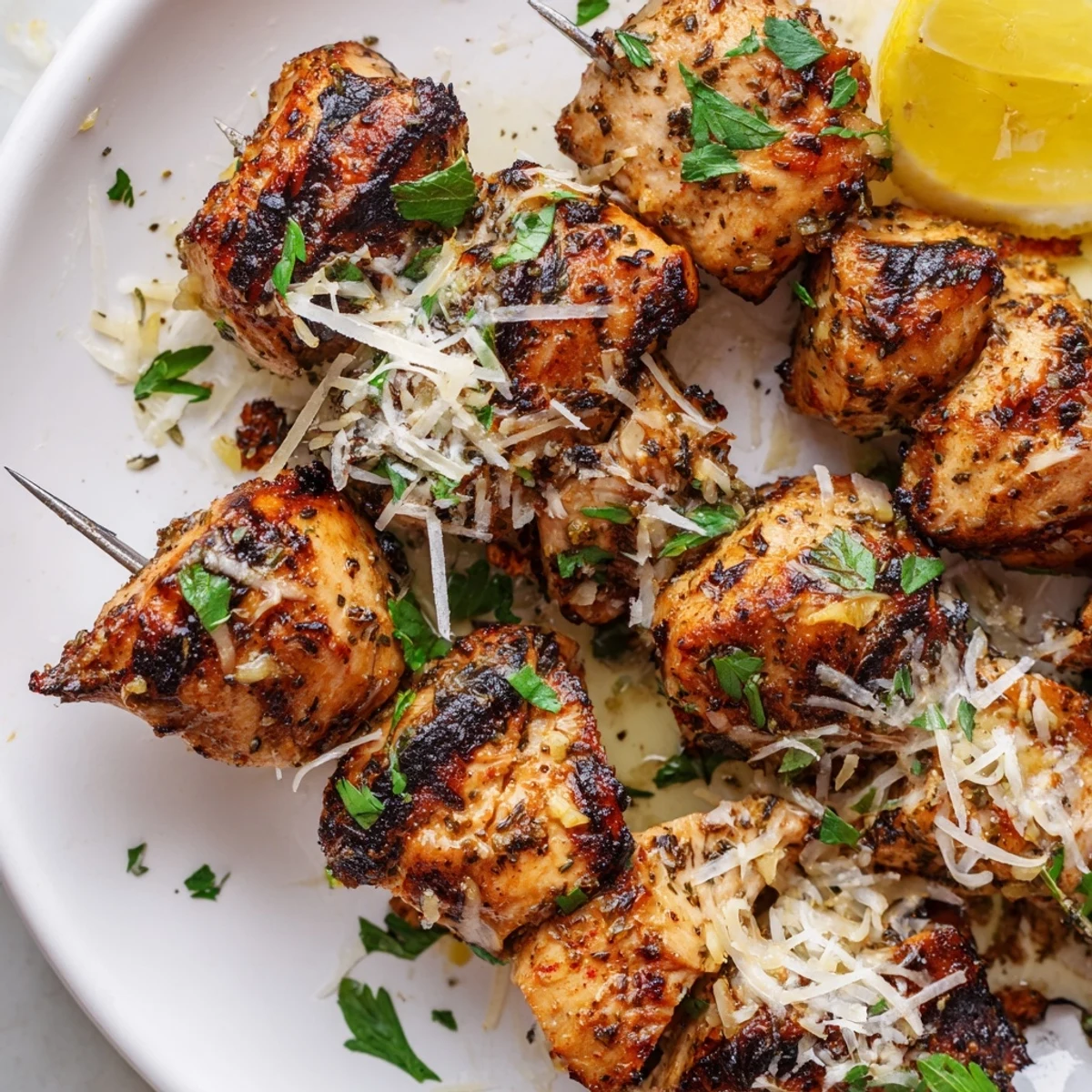 Savory Garlic Parmesan Chicken Skewers sizzling on the grill with lemon wedges