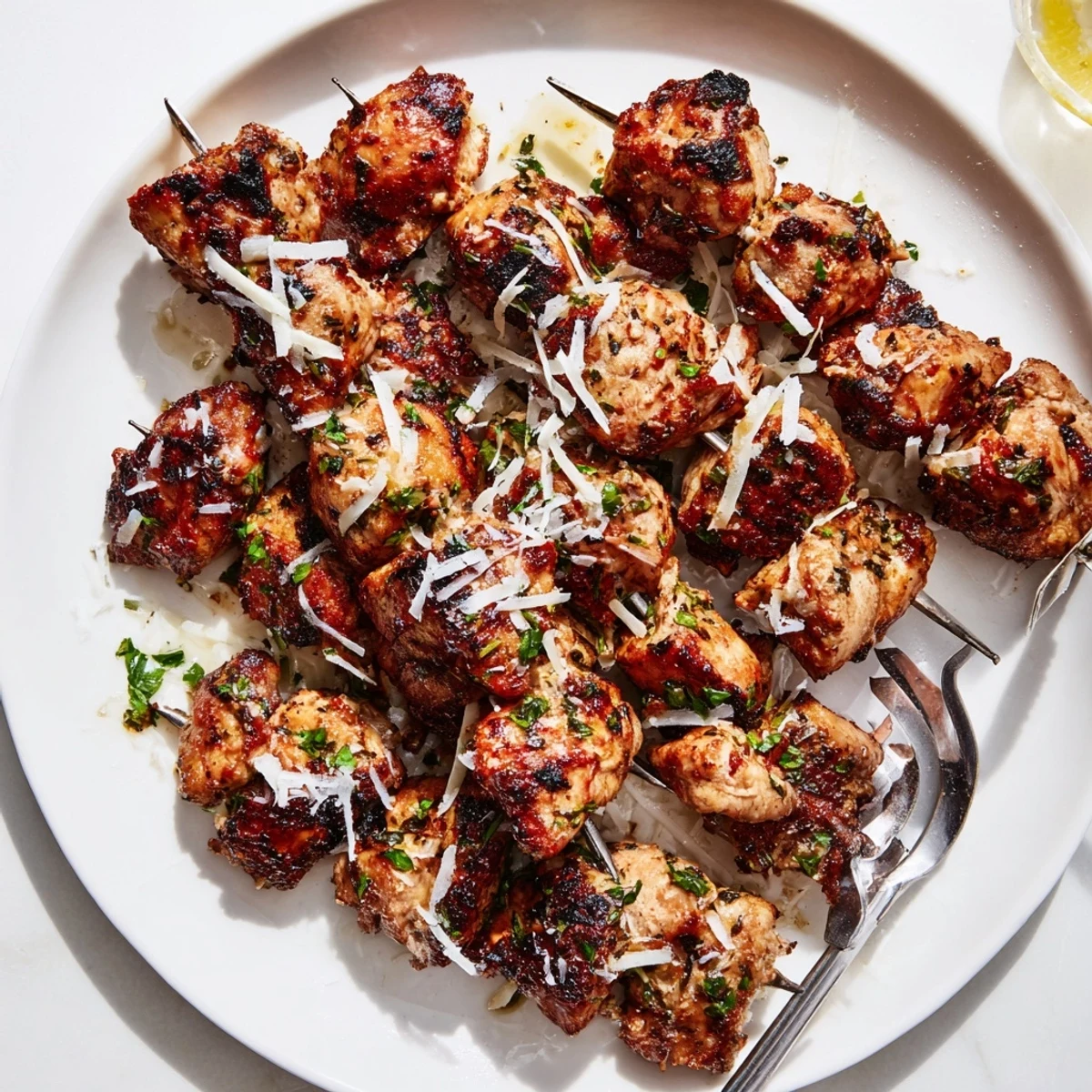 Fork-ready Savory Garlic Parmesan Chicken Skewers with charred crust and juicy centers