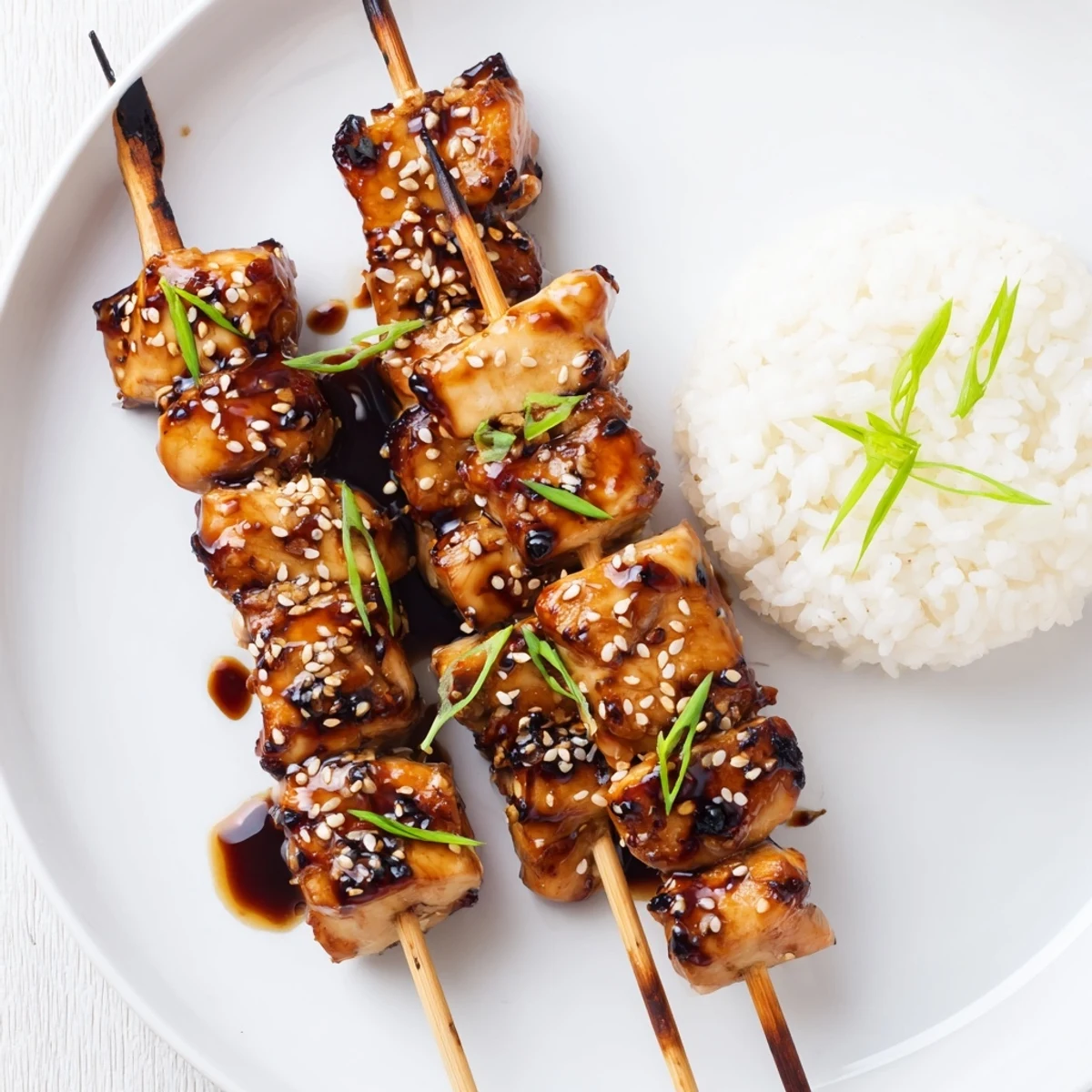 Teriyaki Chicken Skewers glazed glossy, charred edges, sesame seeds and rice.