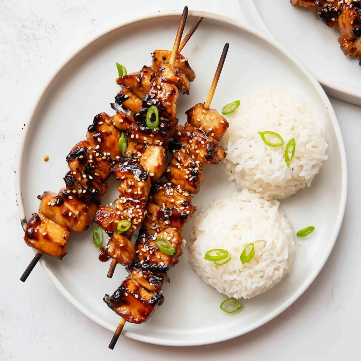 Grilled Teriyaki Chicken Skewers steaming hot, brushed with sticky sweet glaze.