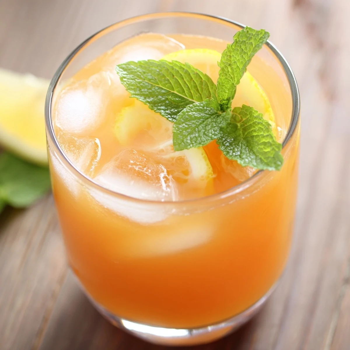 Chilled glass of refreshing peach lemonade garnished with fresh peach slices and mint leaves