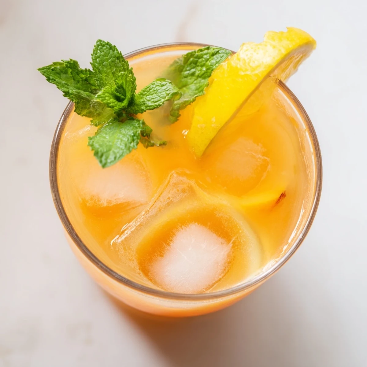 Golden peach lemonade pitcher filled with ice, lemon wheels, and floating fresh peach chunks
