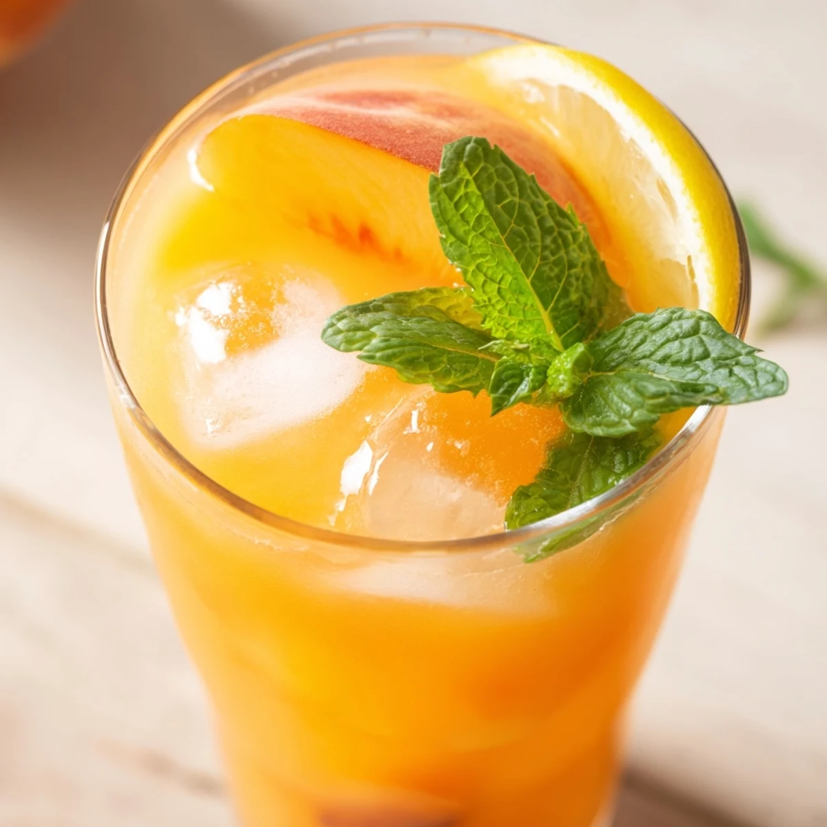 Summer peach lemonade drink served in mason jar with colorful fruit garnish and ice