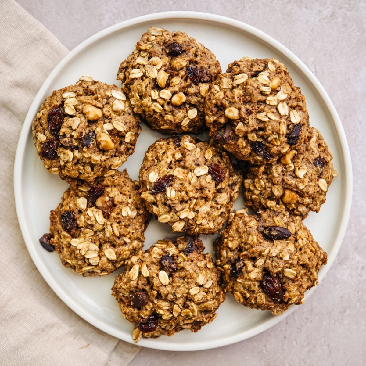 Golden brown zucchini bread breakfast cookies topped with chopped walnuts and chocolate chips