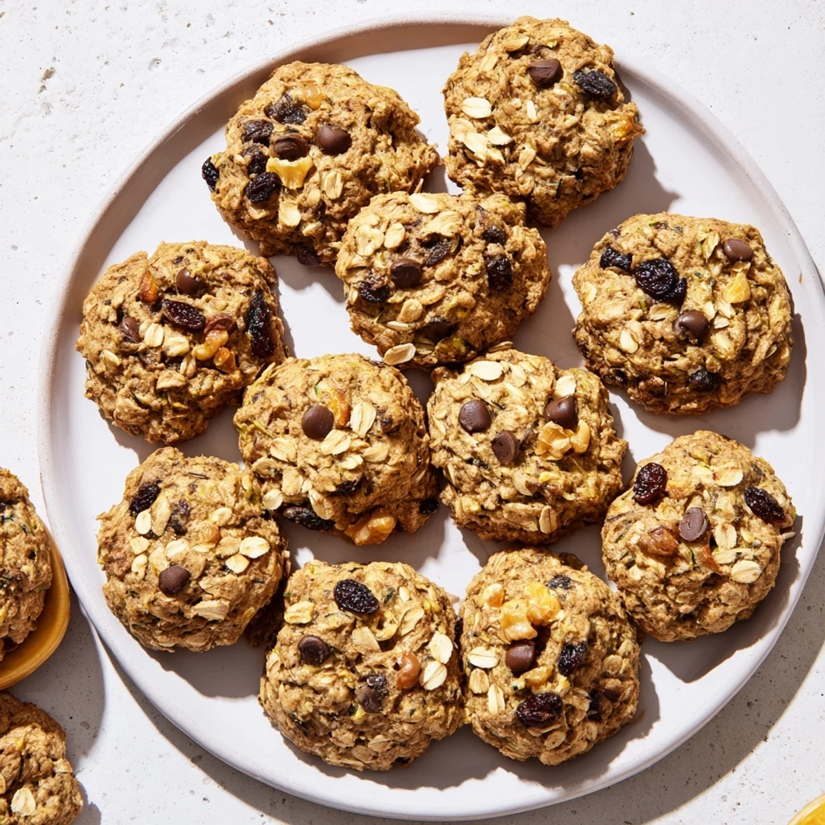 Freshly baked zucchini breakfast cookies cooling on wire rack with raisins and nuts