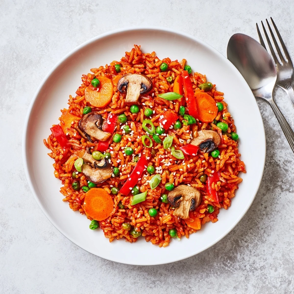 Colorful vegan gochujang fried rice with crisp vegetables in a dark skillet