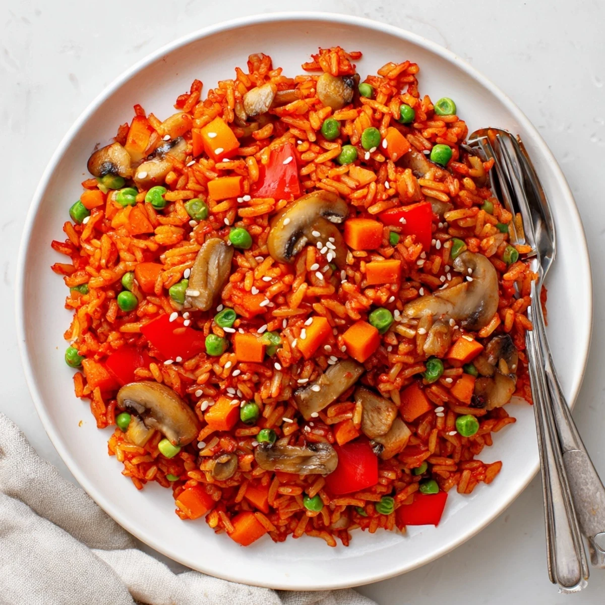 Spicy Korean-style vegan gochujang fried rice topped with sesame seeds and green onions