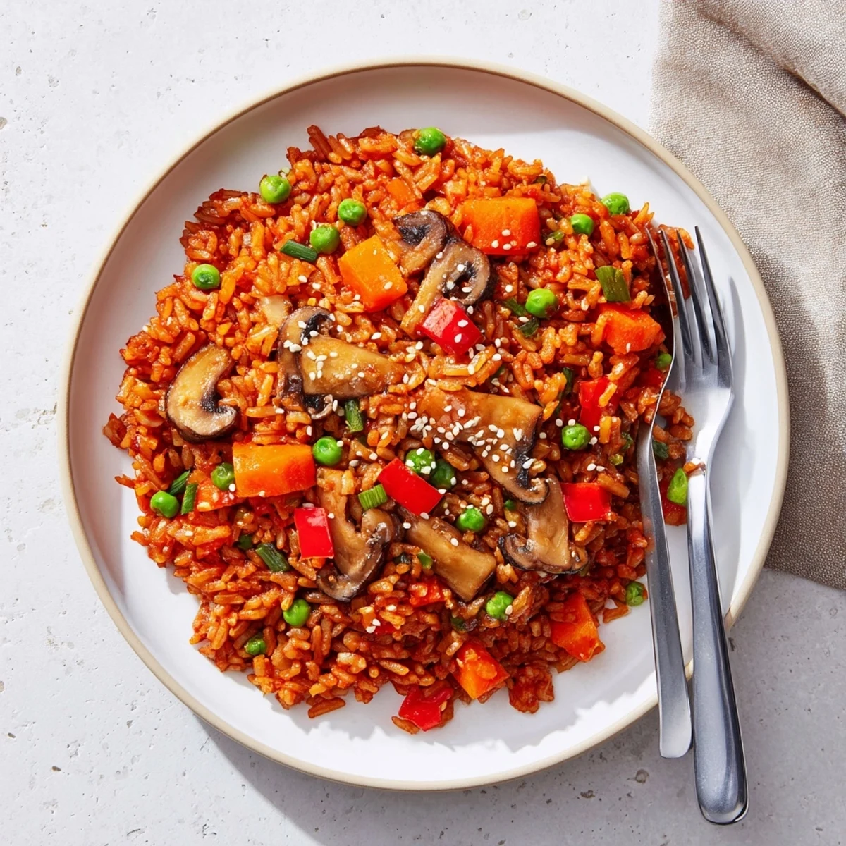 Vibrant bowl of vegan gochujang fried rice showcasing red peppers and carrots