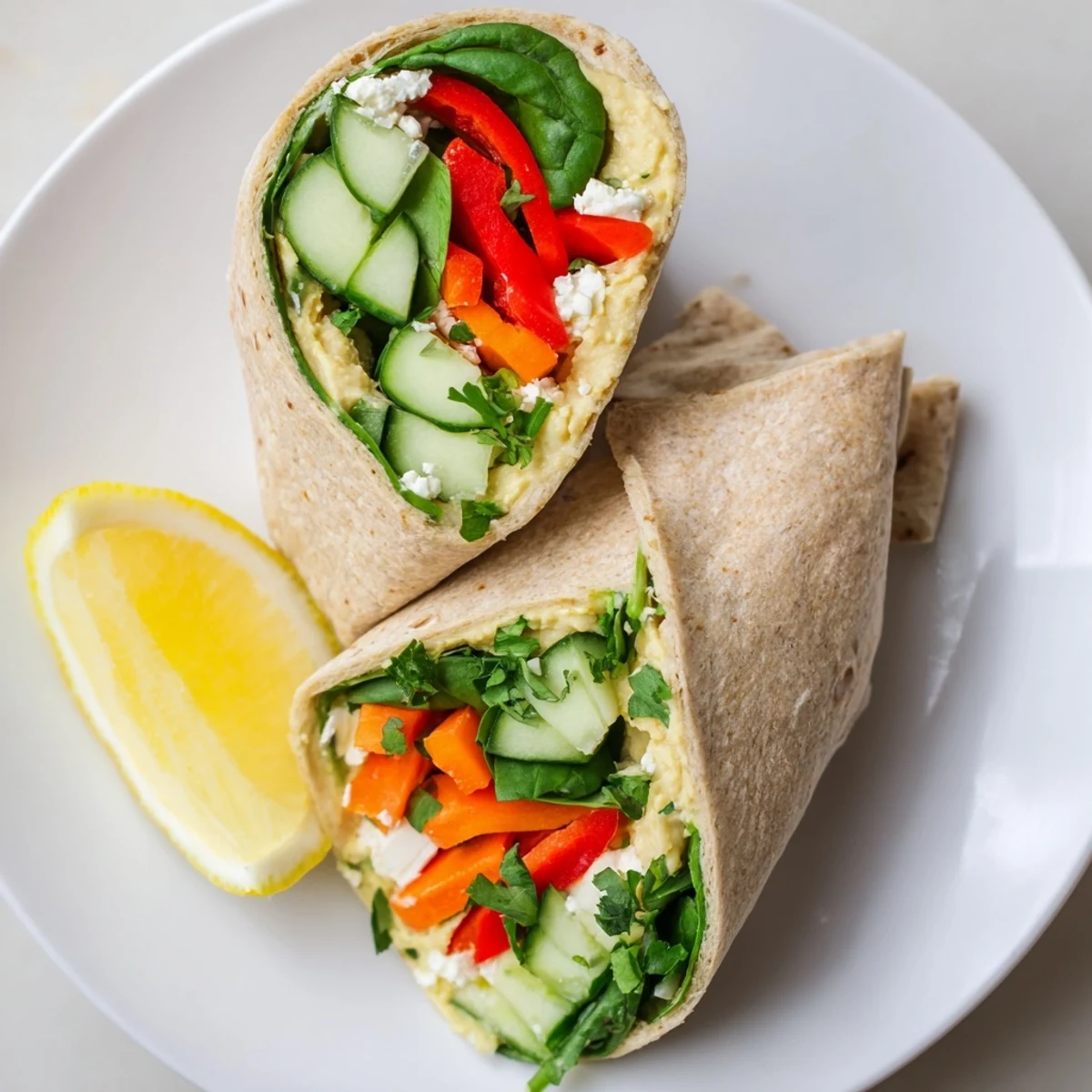 Mediterranean-style lunch wrap filled with smooth hummus, crisp cucumber, carrots, and tender baby spinach leaves