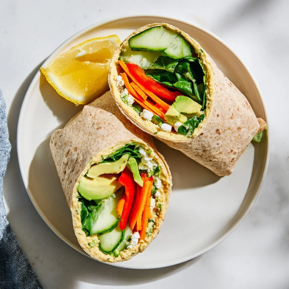 Golden whole wheat tortilla wrapped around creamy hummus with fresh spinach and colorful sliced vegetables