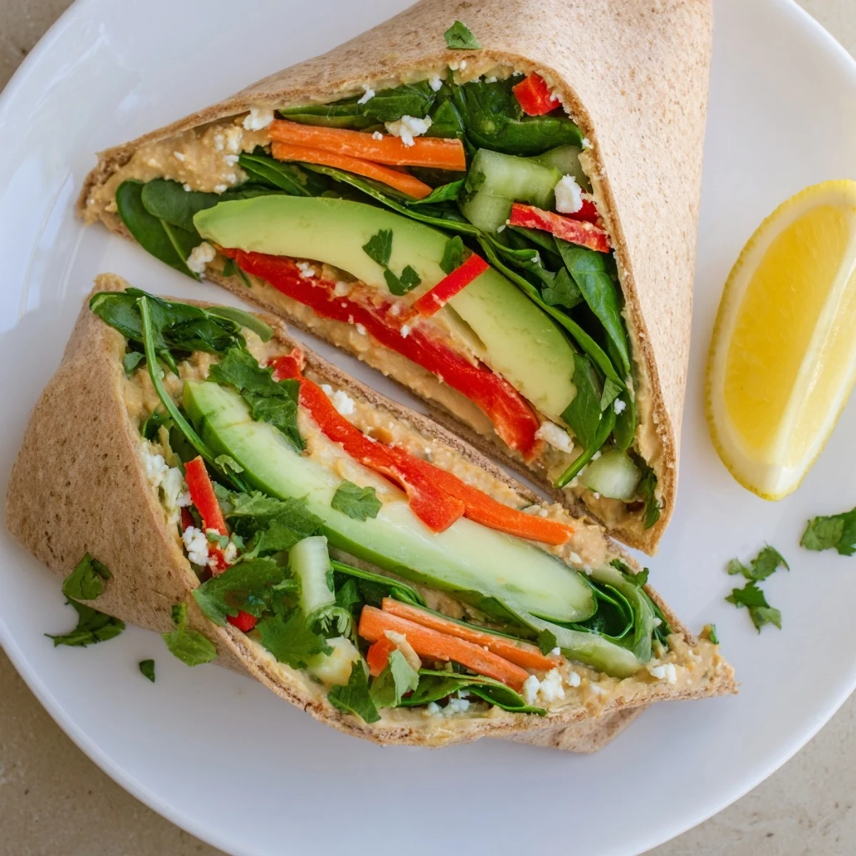 Diagonally sliced spinach hummus wrap exposing layers of red pepper, avocado, and crunchy vegetables inside